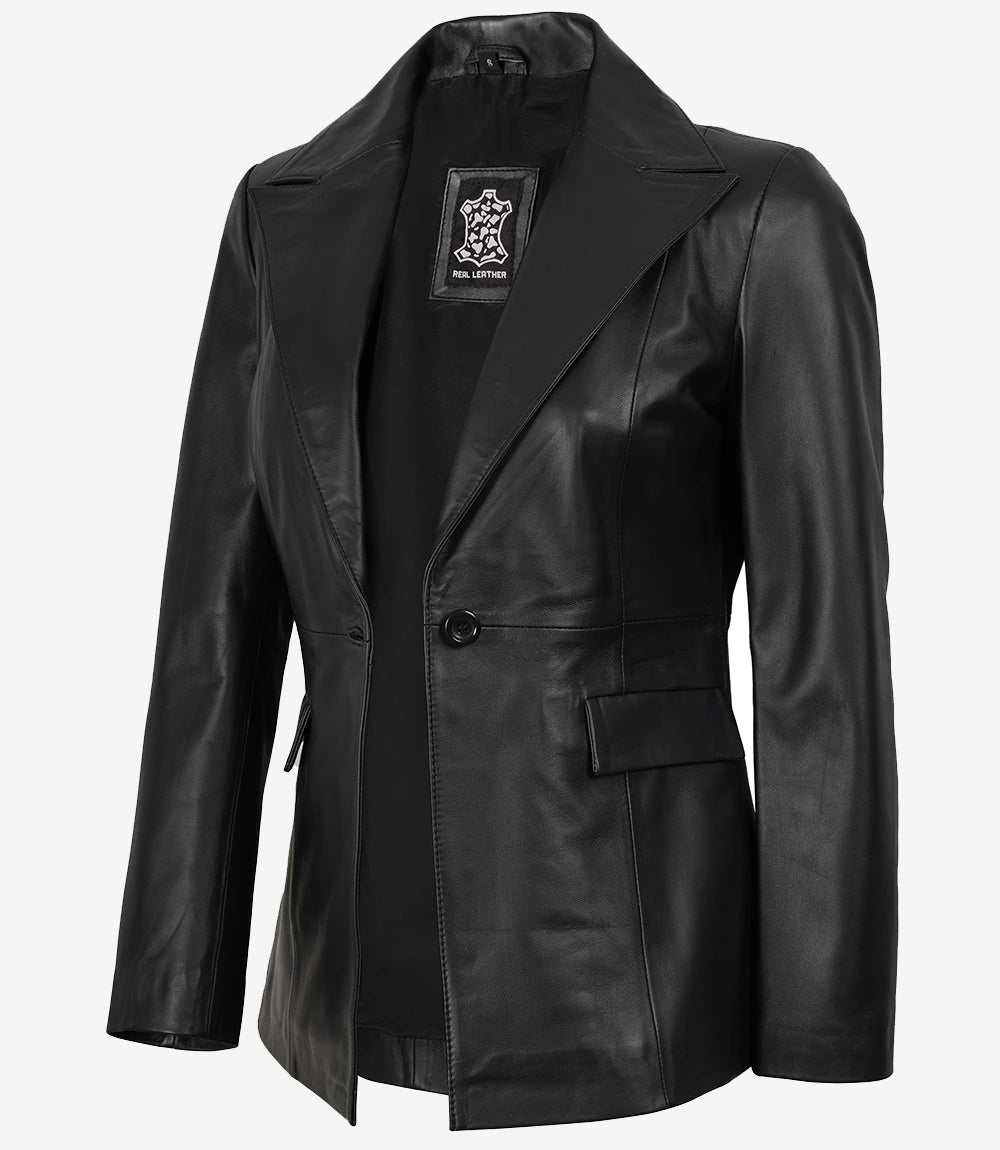 Womens Single Button Black Leather Blazer - Peak Lapel